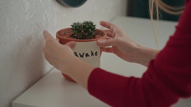 Small green cactus in terracotta pot sits. Person wearing red sleeves places. Scene remains focused indoors throughout showing minimal movement as labeled potted cactus is centered