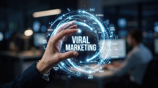 Hand interacting with a glowing digital projection of 'VIRAL MARKETING', symbolizing modern business strategies, global connectivity, and technological innovation for exponential growth