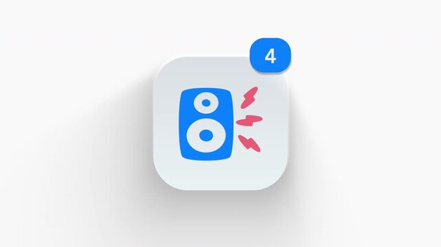 Speaker app icon featuring animated notification badge with counter 1 to 99, dynamic shadow effect, minimalist audio sound box woofer system concept, on white background. 