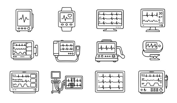 EKG ECG heart rate monitor editable thin line medical vector icon collection