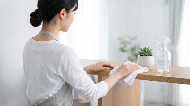 部屋の木製テーブルを布巾で丁寧に拭くエプロン姿の女性