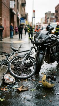 Street collision consequence: traffic accident, impact event, insurance claim, Europrotocol form, road mishap, damage vehicle, bicycle wreck.
