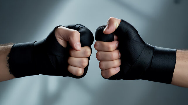Two hands with black boxing hand wraps are clenched together in a fist bump gesture against 