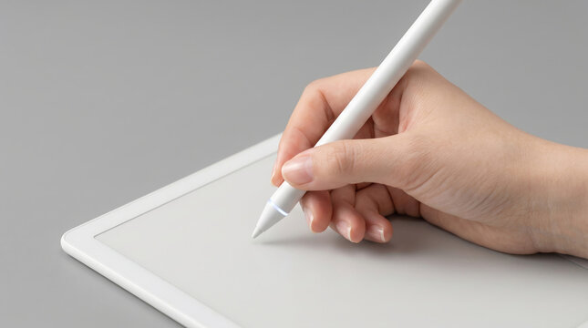 タッチペンでタブレット画面に手書き入力する女性の手元