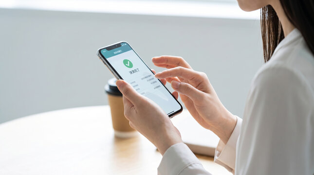 スマートフォンでオンライン決済完了の画面を確認する女性の手元