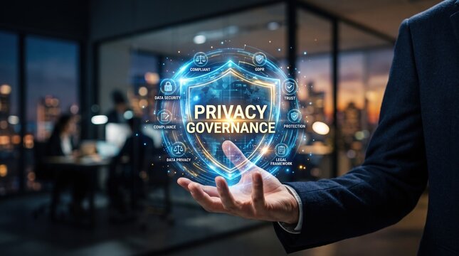 Digital privacy governance concept featuring a glowing shield held by a business professional, symbolizing robust data security, corporate responsibility