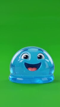 Cute 3d animated blue slime character squishing and bouncing on green background key.