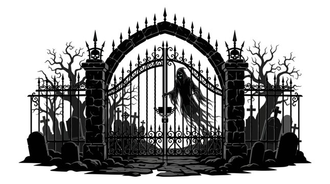 Halloween Dark Gothic Cemetery Gate Silhouette, Spooky Graveyard Entrance, Horror Vector Art, Halloween Decor, Creepy Tombstones, Vintage Iron Fence isolated on White Background vector