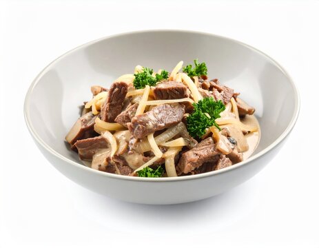 Bowl of Slow Cooked Beef Stroganoff with Mushrooms and Parsley Garnish