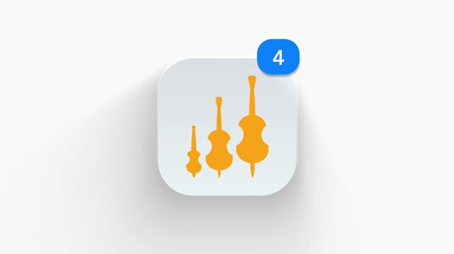 Violin family app icon featuring animated notification badge with counter 1 to 99, dynamic shadow effect, minimalist orchestral string instruments acoustic concept, on white background. 