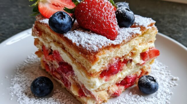 Berry cake slice layered with cream is garnished with fresh strawberries and blueberries on a plate.