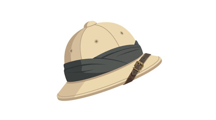 Fototapeta premium Beige pith helmet features a dark fabric band and brown leather buckle for classic exploration style
