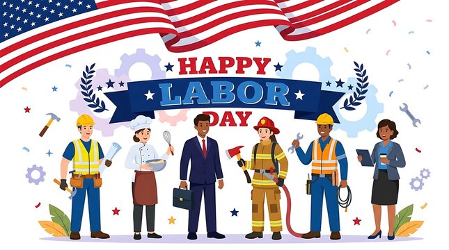 Diverse group of workers celebrating labor day with an american flag background