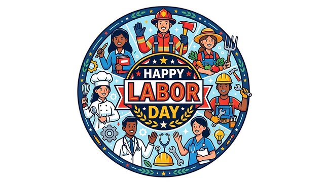 Happy labor day festive illustration with diverse workers in a circular design