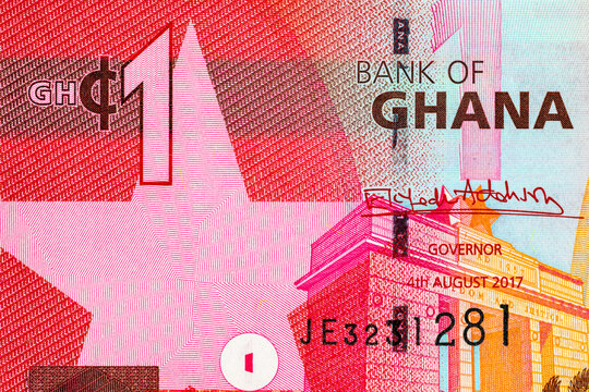 1 Ghanaian Cedi banknote showing the Independence Arch in Accra and the national coat of arms. African currency.