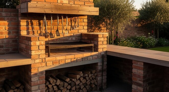 Brick Outdoor Barbecue With Wood Storage And Garden Setting