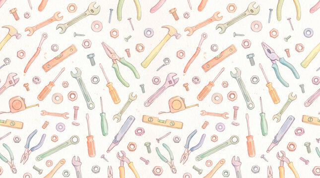 Tools arranged in a pattern on a light background with various sizes and types of equipment scattered around