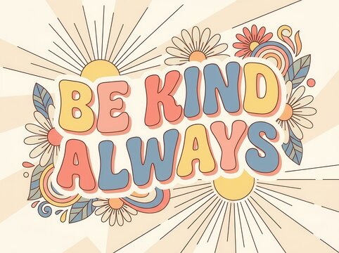 Be kind always retro typography vector illustration with flower sun background