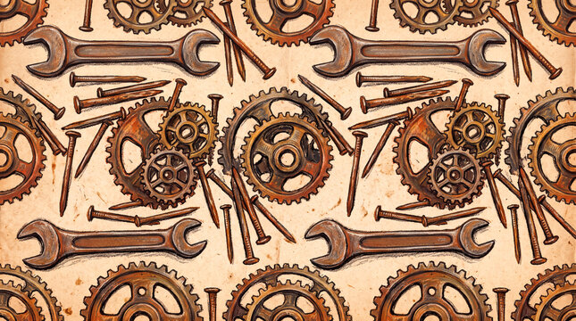 Pattern of gears and tools on a light background with various shapes and sizes on display