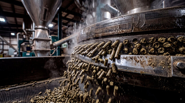 Extreme macro view of pellet mill die producing hot cattle feed pellets in a factory setting
