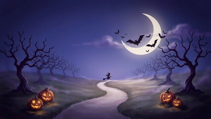 Fototapeta premium Spooky halloween night scene with a winding path and glowing jack o lanterns