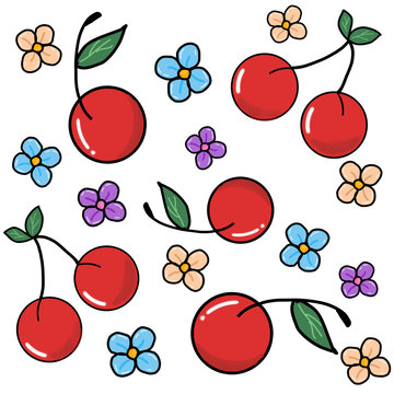 seamless pattern with cherries and flowers