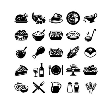 Thanksgiving Side Dishes and Dinner Vector Icons Set for Food Menu