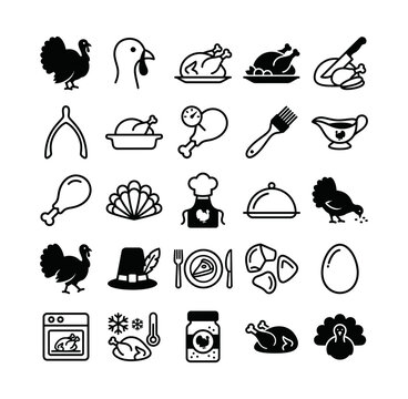 Thanksgiving Turkey and Poultry Carving Vector Icons Set for Food Menu
