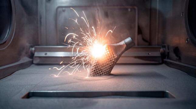POV from inside a metal printer during the fusing process of a titanium hip joint stem