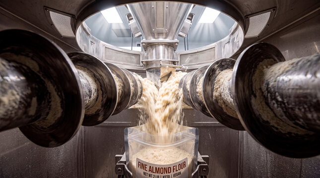 View from inside the auger screw as fine almond flour is dispensed into pouches at a packing facility