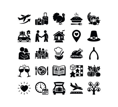 Thanksgiving Travel and Family Reunion Vector Icons Set for Event Party
