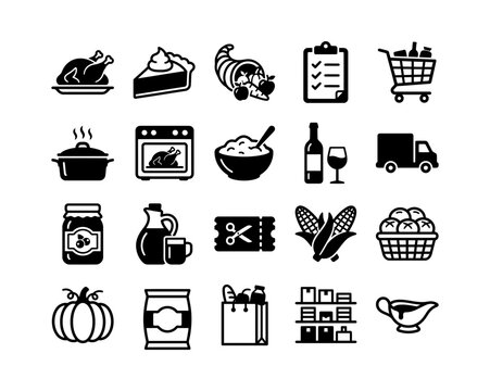Thanksgiving Shopping and Grocery Market Vector Icons Set for Food Sale