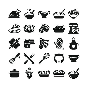 Thanksgiving Cooking and Recipe Preparation Vector Icons Set for Food Menu