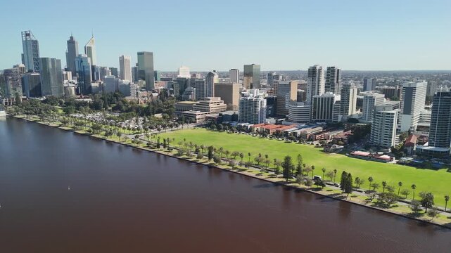 Aerial drone footage of downtown Perth showing Langley Park