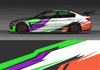 Fototapeta premium Colorful racing car with dynamic geometric design wrap