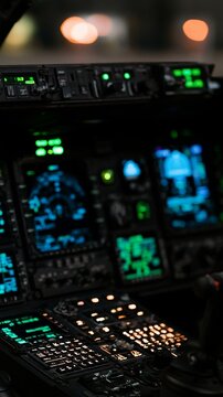 Pilot operating helicopter cockpit instrument panel controls