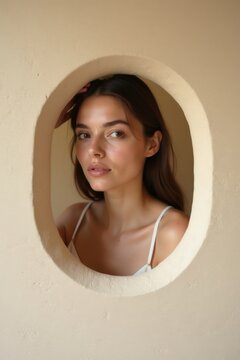 Mujer posando en un borde de lona suave con fibras naturales y textura sutil