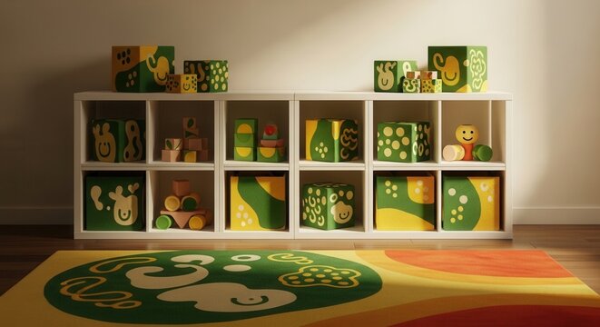 Brightly Decorated Playroom Cubbies Filled With Whimsical Wooden Toys