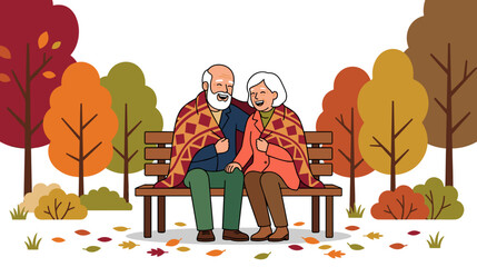Fototapeta premium Cheerful elderly caucasian couple laughing together under a warm patterned blanket on a park bench among colorful autumn trees, concept of lifelong love, comfort and joyful aging