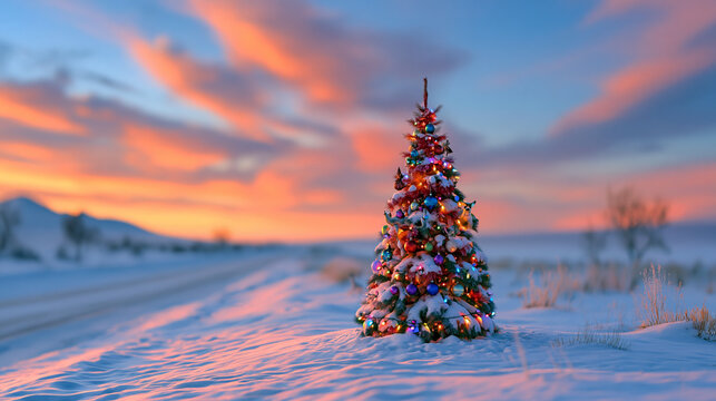 Decorated christmas tree standing outdoors in snowy landscape during winter sunset