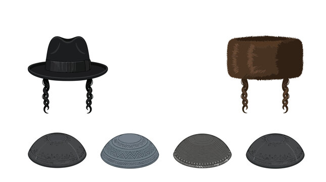 Jewish headwear collection featuring black fedora, brown fur shtreimel and various ornate embroidered velvet kippot