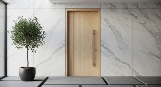 Modern wood door with minimalist design and marble wall interior
