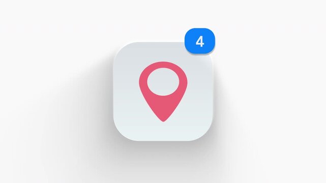 Location pin app icon featuring animated notification badge with counter 1 to 99, dynamic shadow effect, minimalist GPS map pointer marker destination concept, on white background. 