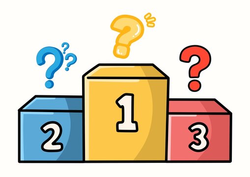 A colorful cartoon podium numbered first, second, and third, surrounded by question marks that suggest mystery, competition, and uncertain results.