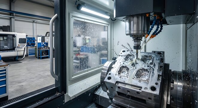 5-Axis CNC Machining Center with Robotic Tool Head in Modern Factory