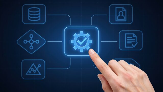 Hand touching digital gear icon for automation and process optimization in data system.