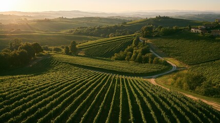 Fototapeta premium Vineyard fields cover rolling countryside hills with a dirt road under warm morning sunlight.