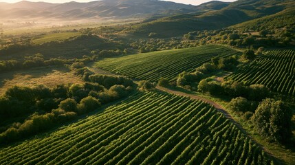 Fototapeta premium Vineyard rows stretch across rolling green hills under soft sunlight during early morning.