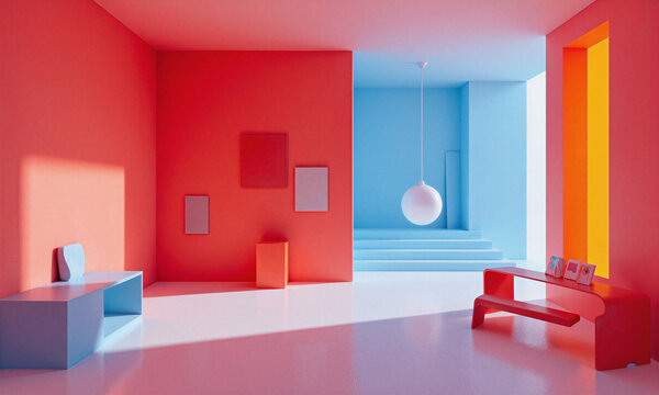 Thermochromic smart paint changing colors with temperature in a minimalist futuristic room with modern furniture and copy space