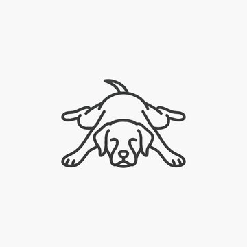 Black and white line art vector illustration of a Labrador-style dog lying flat on its belly in a sploot posture with all four legs extended on a plain white background.